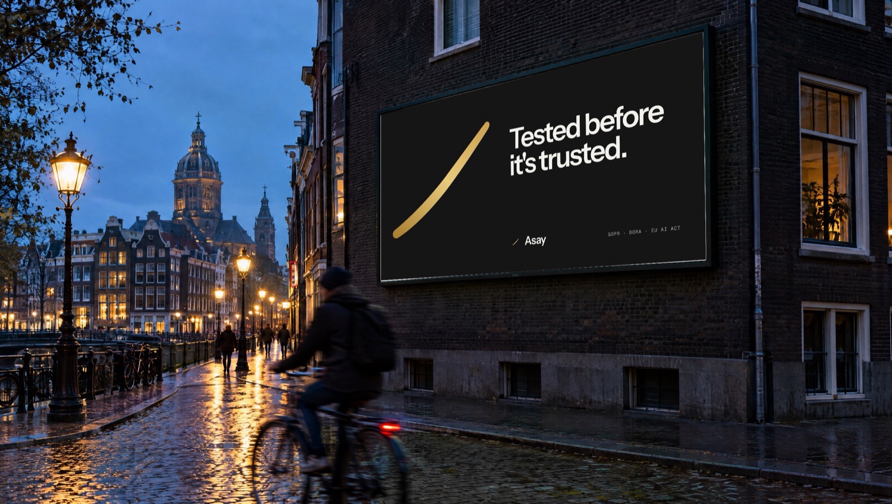 Amsterdam at blue hour. The scene is generated. The billboard artwork is the real file.